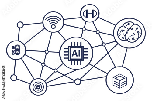 A vector graphic illustration of a network of interconnected nodes and icons representing artificial intelligence and technology