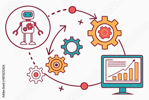 A colorful vector graphic illustrating a robot interacting with gears and a computer monitor displaying a graph