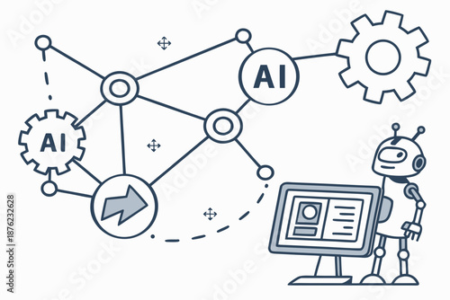 A vector graphic illustration of a robot interacting with a computer and AI network diagram