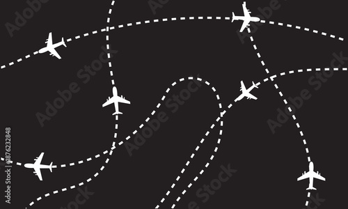 Airplane flight routes travel pattern background. Seamless aviation themed background with airplane icons and dotted flight paths, representing air travel, global transportation.