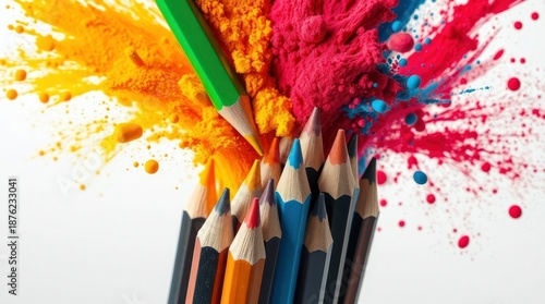 Vibrant explosion of colorful powdered pigments and sharpened pencils, symbolizing creativity and art supplies