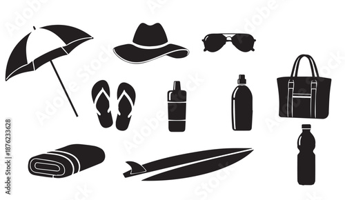 Black vector icons of summer vacation items including umbrella, hat, sunglasses, flip flops, bottles, bag, surfboard, and towel.