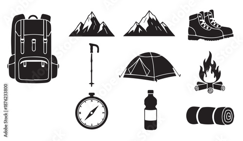 Black vector icons for camping and hiking, including backpack, mountains, boots, tent, and more.