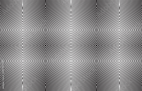 Seamless op-art background with hypnotic symmetrical lines. Abstract geometric vector pattern with a moire effect for modern design, covers, and posters.