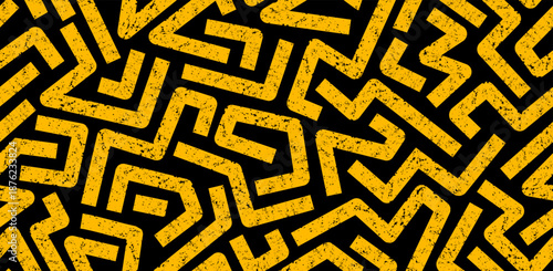 Seamless abstract pattern with geometric maze-like lines and grunge texture. Vector black and yellow background for modern urban design, fabric, or print.