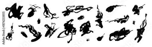 Set of abstract brush strokes and ink splatters. Vector collection of hand-drawn grunge elements, messy paint smears and artistic marks for design.