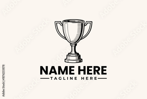 A black and white illustration of a trophy cup with handles on a beige background, featuring placeholder text for a name and tagline in a simple, iconic logo design.