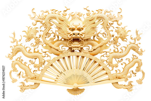 Ornate golden dragon sculpture in traditional style with intricate details and warm lighting on white background for luxury decor