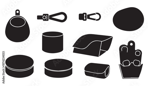 Black and white vector icons of various objects and containers on a white background