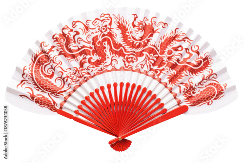 Handheld Fan with Dragon Design in Vibrant Red and White Colors with Intricate Patterns for Cultural Events