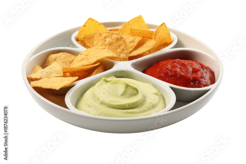 Nacho platter with salsa and guacamole in modern ceramic bowl with vibrant colors and studio lighting for food advertising