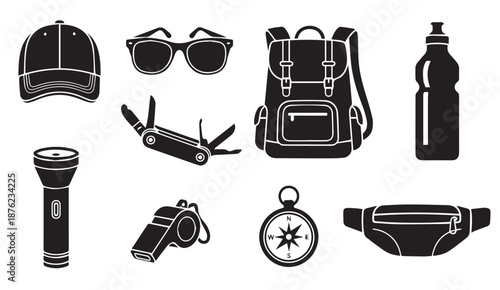 Collection of outdoor and travel icons including hat, glasses, backpack, water bottle, flashlight, and more