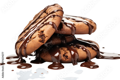 Chocolate Donuts Stacked in Messy Puddle with Chocolate Sauce Drizzle in Dark Moody Lighting on White Background for Food Blog