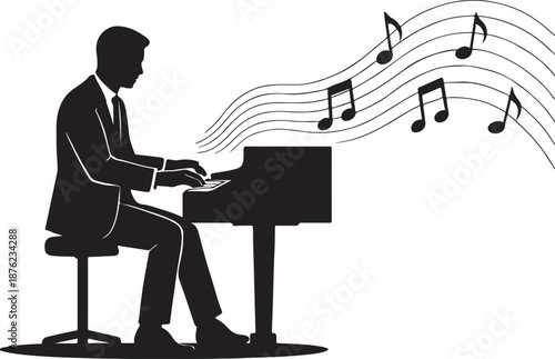 Modern pianist silhouette with flowing music notes representing productivity and success, suitable for business presentations.