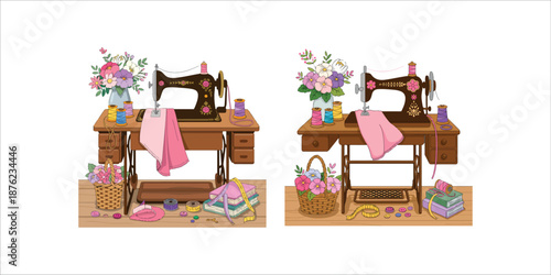 Sewing Machines Set, Mechanical Devices For Stitching Fabric And Creating Garments. It Automates The Process