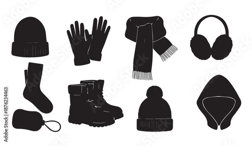 Black silhouettes of winter clothing and accessories, including hats, gloves, scarf, boots, and earmuffs.