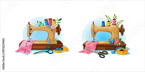 Sewing Machines Set, Mechanical Devices For Stitching Fabric And Creating Garments. It Automates The Process