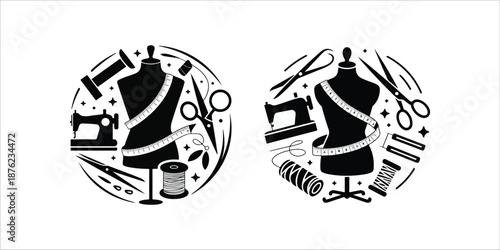 Silhouette of a tailor intently working at a vintage sewing machine.