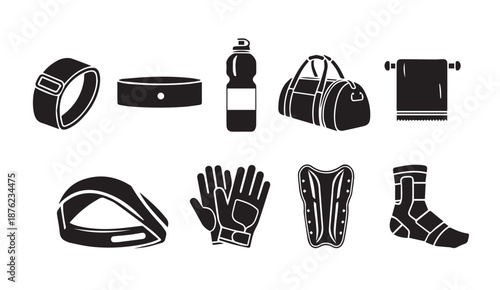 Black and white vector icons of various fitness and sports equipment and accessories