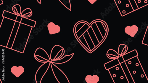 Seamless Pattern of Valentine's Day Icons Hearts and Gift Boxes on a Black Background, Perfect for Romantic Designs and Celebrations