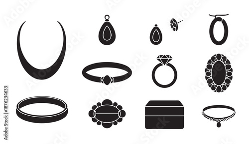 Black and white vector icons of various jewelry items on white background