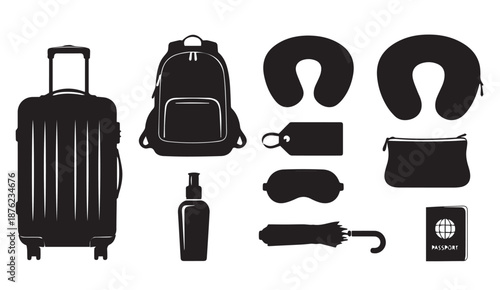Black silhouettes of travel essentials on white background, including luggage and accessories.