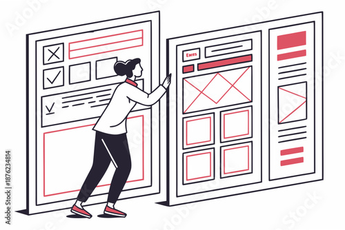 A person interacting with large website wireframes in a vector illustration