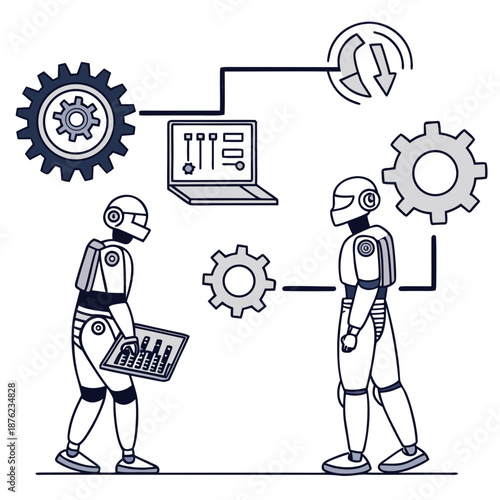 A vector graphic illustration of two robots communicating with gears and a laptop