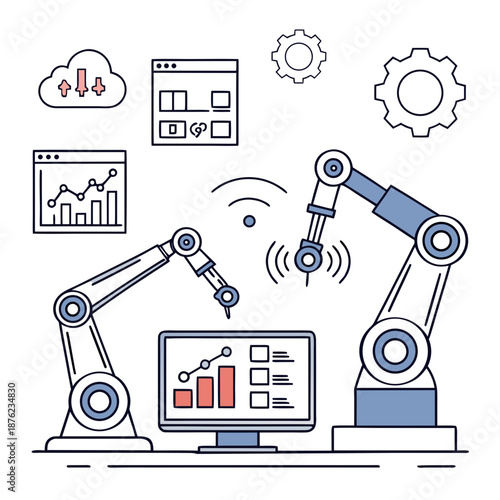 Photos A vector graphic illustration of robotic arms interacting with a computer and va