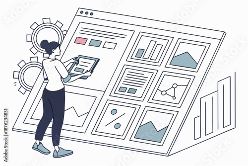 A woman interacts with a large computer screen displaying various data visualizations and graphs in a modern, minimalist vector illustration.