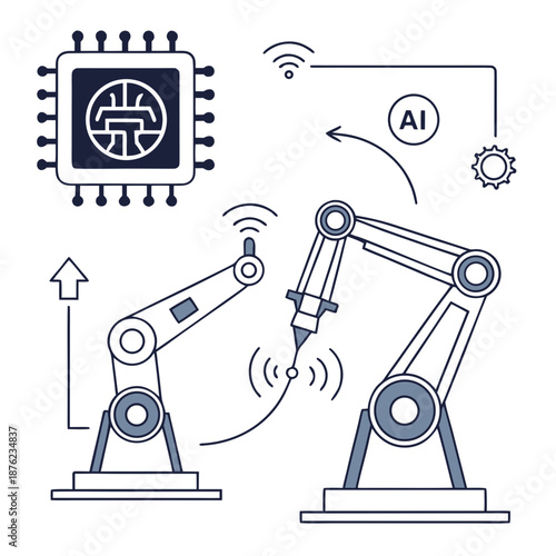 A vector graphic illustration of robotic arms and a microchip with AI technology