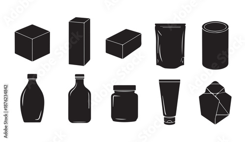 Vector icons of various product packaging and containers on white background