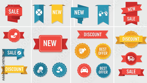 Colorful Sale and Discount Ribbon Banners Set
