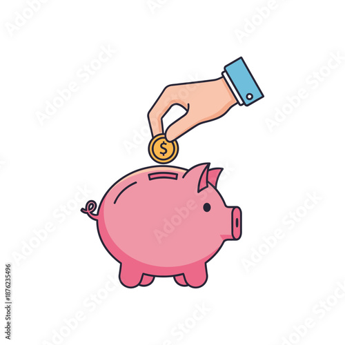 Hand inserting coin into pink piggy bank, saving money concept