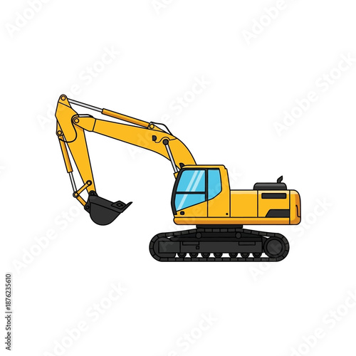 Yellow Excavator Machine on Tracks, Construction Equipment Vector Illustration