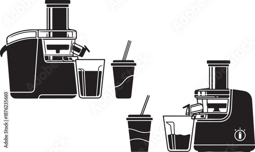 Black and white illustration of two blenders with glasses
