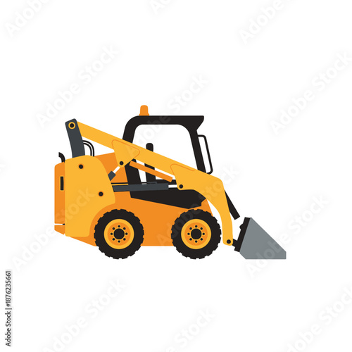 Yellow skid steer loader, compact construction equipment, vector illustration