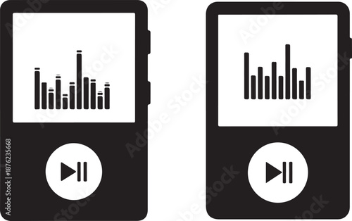 Two black and white portable music players with play buttons