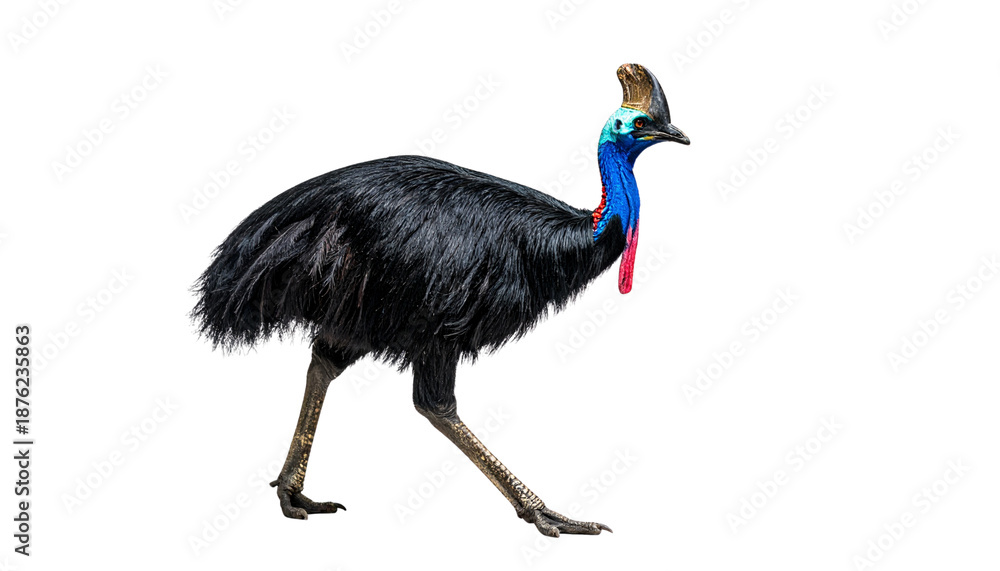 Naklejka premium A portrait of a wild emu bird with black feathers and a sharp beak is isolated on a white background as a nature wildlife animal