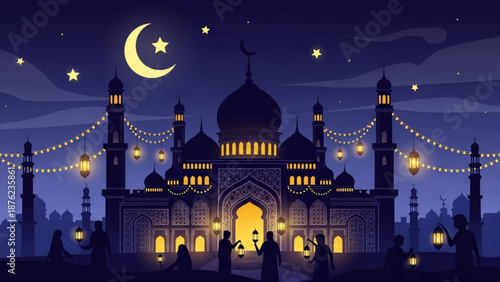 Ramadan mosque illuminated with festive lights crescent moon and stars in night sky people celebrating with lanterns Islamic tradition