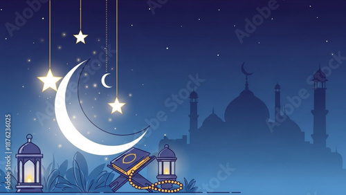 Ramadan night scene with crescent moon mosque silhouette lanterns and Quran for Islamic holidays and cultural events
