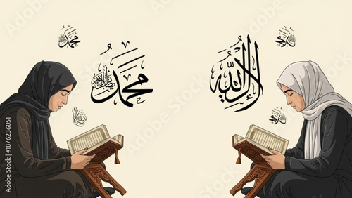 Two Muslim women reading the Quran Islamic calligraphy of Allah and Muhammad concept of faith and knowledge vector illustration