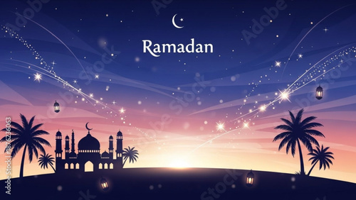 Ramadan Kareem mosque silhouette with palm trees and starry night sky Islamic celebration background with glowing lights and crescent mo