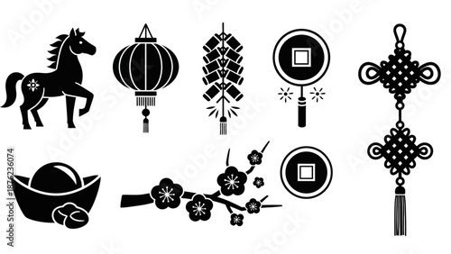 Set of traditional Chinese New Year and cultural icons in black silhouette style.