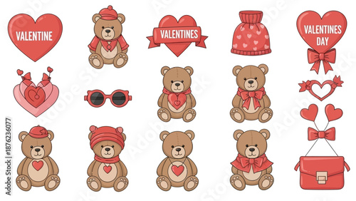 A collection of cute Valentine's Day themed illustrations featuring teddy bears, red hearts, bows, and various romantic accessories.