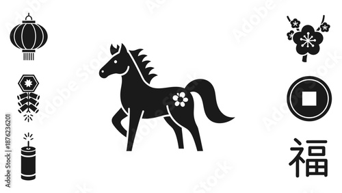 Black silhouette icons representing Chinese New Year symbols including a horse, lantern, firecrackers, plum blossom, coin, and the character for fortune.