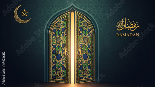 Ornate Ramadan door opening with glowing light crescent moon and Arabic calligraphy Islamic celebration concept