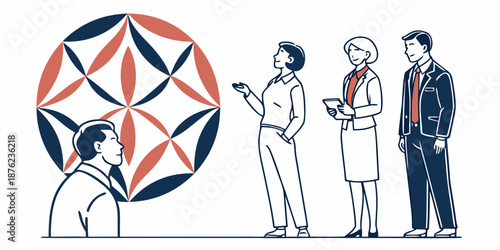 A group of business professionals discussing a geometric design concept in a modern office setting