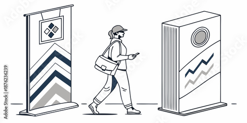A minimalist vector illustration of a person walking past two modern display banners