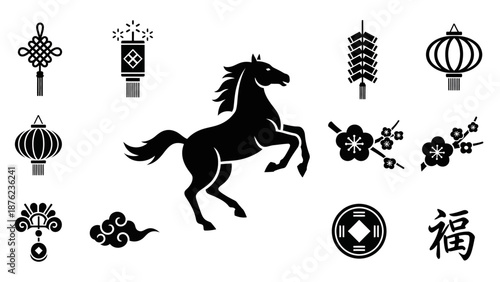 Black silhouettes of Chinese New Year and traditional cultural symbols including a horse, lanterns, knots, and plum blossoms.